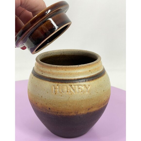 Vintage 70s honey jar, stoneware pottery, small container, country decor - Picture 2 of 10